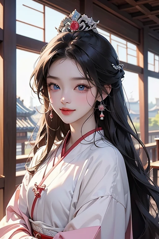 (Highest quality、 8k 、masterpiece、High resolution)、(Chinese Drama、Changgexing、Li Changge、Dililaba)、Tang Dynasty、Changan、1 Female、Beautiful young person、blue eyes、Pretty lips、Hairpin、(Noble Princess)、(Anime Beauty)、(Anime Art)、Smiling and posing happily、Bright atmosphere、Light colored long hair、Light pink Hanfu、古いChanganの街並み、Tang Dynasty Buildings、Tang Dynasty Buildings、Official Art、Detailed CG、