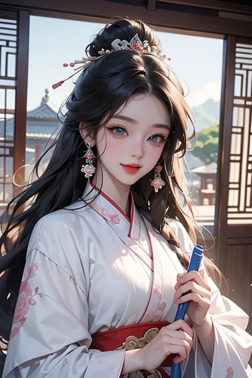(Highest quality、 8k 、masterpiece、High resolution)、(Chinese Drama、Changgexing、Li Changge、Dililaba)、Tang Dynasty、Changan、1 Female、Beautiful young person、blue eyes、Pretty lips、Hairpin、(Noble Princess)、(Anime Beauty)、(Anime Art)、Smiling and posing happily、Bright atmosphere、Light colored long hair、Light pink Hanfu、古いChanganの街並み、Tang Dynasty Buildings、Tang Dynasty Buildings、Official Art、Detailed CG、