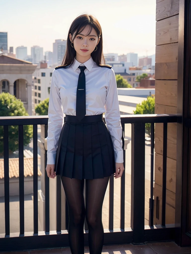 ((Absolutely one woman)),((One girl)),((One girl)),Standing,Knees spread,Raw photo, Candid, Narrow eyes,Full body,Black pantyhose,Textured skin,Blue panties fully visible,Blue tie,Short ponytail、Bangs about eyebrows,(Medium hair:1.2),Looking at viewer,Raw photo, pale skin, Japan person, glasses, small, young, tall, dark look, bright black eyes, anger, school uniform, school pleated skirt, blue and dark blue grey silver checked skirt,skirt dark blue× blue check, slender body, medium build, small waist, wide thighs, photorealistic, best quality, 8k, masterpiece