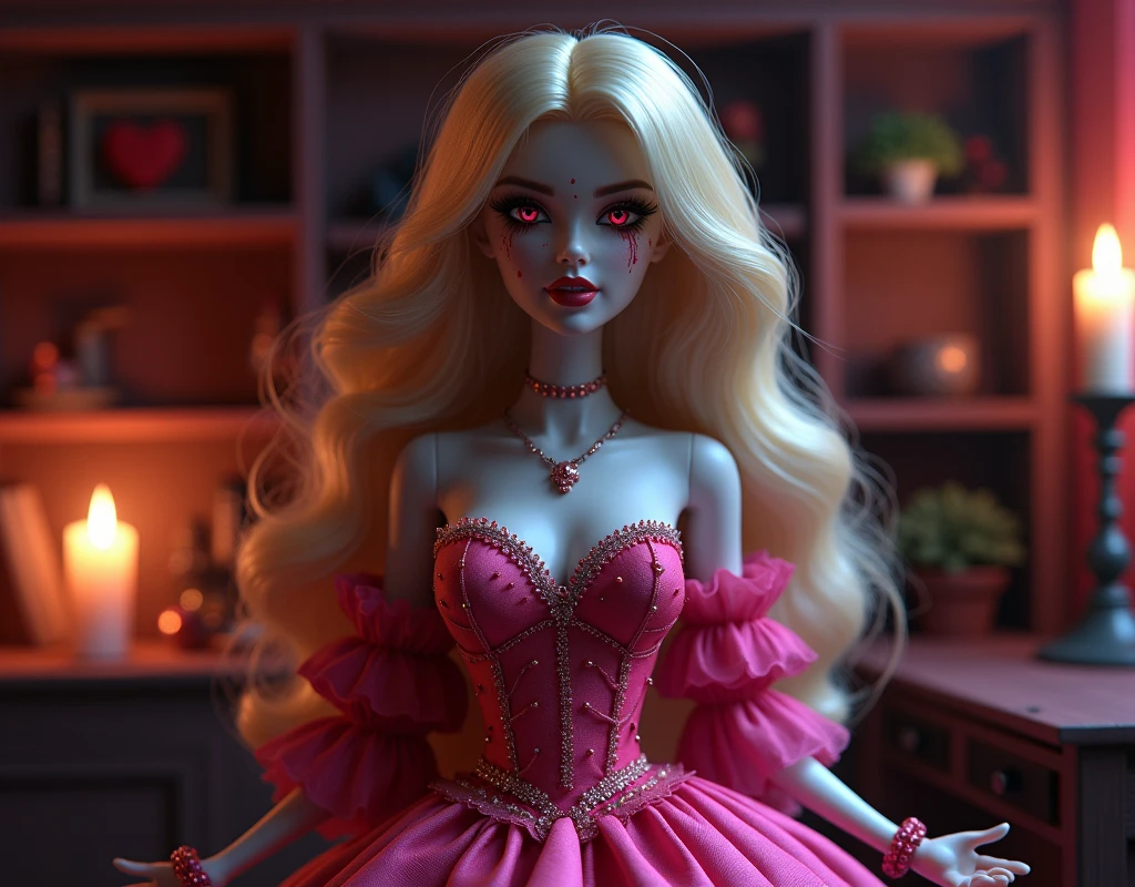 Fantasy art, RPG art, Dark fantasy art,  illustration of extremely 1beautiful Barbie vampire, real life  Barbie mistress of death, she has long hair, flowing hair, wavy hair, blond hair, pale grey skin, (red eyes: 1.3) (glowing eyes: 1.3), (stains of blood on face: 1.2), (vampire teeth: 1.4), she wears dark pink dress, silk dress, intricate dress,  she wears pink stockings, high heels, Barbie dollhouse backgrond, dynamic position, (full body: 1.2) dim candles light, dark fantasy art, gothic art, dynamic angle, best details, best quality, 16K, [ultra detailed], masterpiece, best quality, (ultra detailed), full body, ultra wide shot, photorealistic, 3D rendering, NeroV2