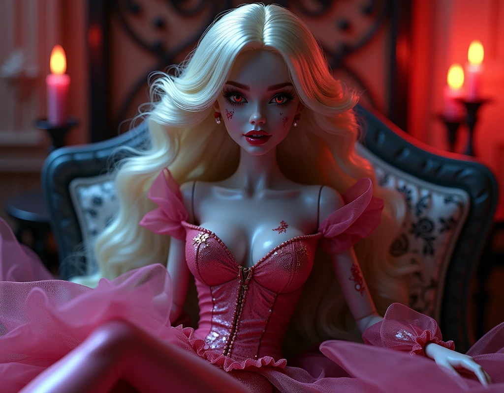 Fantasy art, RPG art, Dark fantasy art,  illustration of extremely 1beautiful Barbie vampire, real life  Barbie mistress of death, she has long hair, flowing hair, wavy hair, blond hair, pale grey skin, (red eyes: 1.3) (glowing eyes: 1.3), (stains of blood on face: 1.2), (vampire teeth: 1.4), she wears dark pink dress, silk dress, intricate dress,  she wears pink stockings, high heels, Barbie dollhouse backgrond, dynamic position, (full body: 1.2) dim candles light, dark fantasy art, gothic art, dynamic angle, best details, best quality, 16K, [ultra detailed], masterpiece, best quality, (ultra detailed), full body, ultra wide shot, photorealistic, 3D rendering, NeroV2