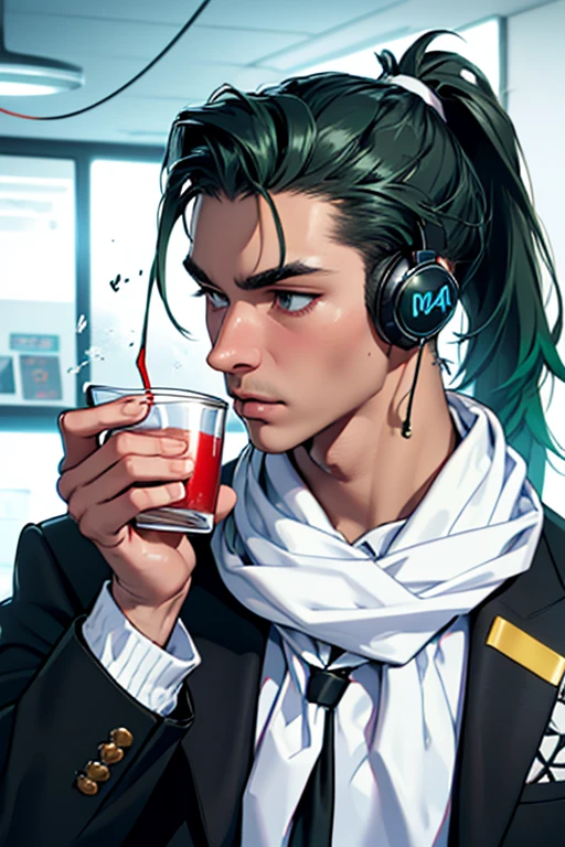 (((solo))),(((Kiss the rim of the cup)))、(White neckerchief around the neck)、(((Man wearing headphones)))、Black suit、Green Haired Man、ponytail、juice、