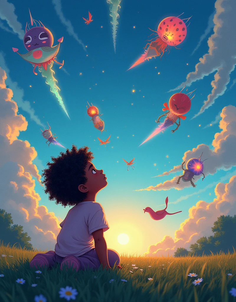 A digital illustration of a diverse young child, with curly black hair, lying on the grass late in the afternoon, staring into the deep blue sky with wonder. Around the child, vibrant manifestations of their dreams seem to burst forth, blurring the line between reality and imagination. Huge fantastical creatures, vibrant landscapes, peculiar objects, and bizarre structures that could only exist in a child's rich imagination are magically taking form, floating around the child like vivid etherical projections. Each dreamlike element softly glowing, lending a bit of their light to the dusk-tinted scenery.