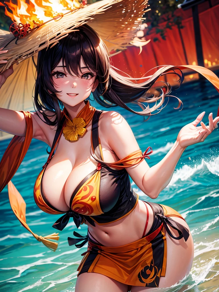 A busty woman enjoying the summer while watching the Daimonji bonfire