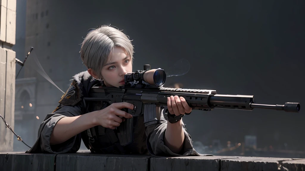 masterpiece,Game Art,Best picture quality,Maximum resolution,8k,(Upper Body,ambush),Unreal Engine 5 rendering works,(Digital Photography),(Boy holding a sniper rifle),Short hair details,(The eyes are very delicate),(Has short grey hair:1.4),(Perfect body),(Black robe),(background:Bungee jumping platform),light,night,Ray Tracing,RAW photos,((3D Unreal Engine)),OC rendering reflection mode