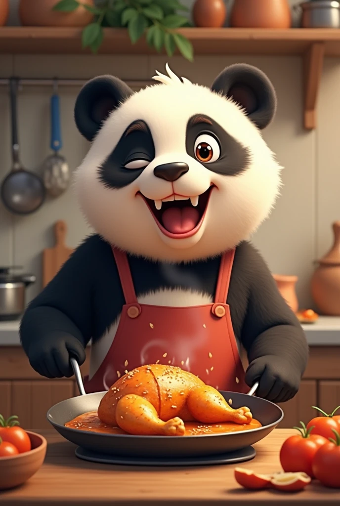 Panda cooking chicken with a smile and wink eye