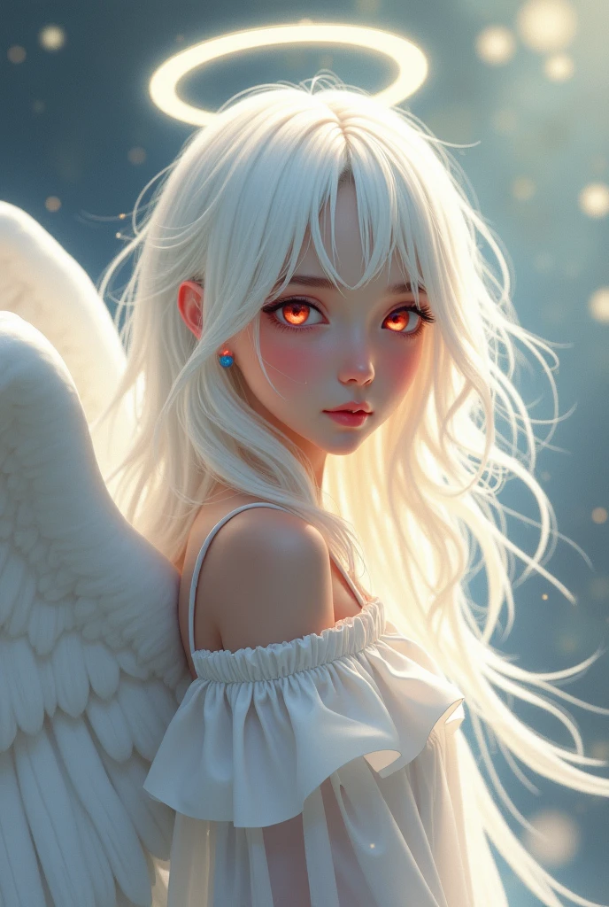 Masterpiece, best quality, Delicate and extremely beautiful girl,Delicate and extremely beautiful, world Masterpiece theater, Very detailed, Highly detailed, best quality, white hair, Light red eyes, angel wings, Silver halo ring, height, มีรายVery detailed,1 girl, best quality, illustration, look at viewer, Dough, canvas, oil painting, TRUEistic, TRUEist ,TRUE,