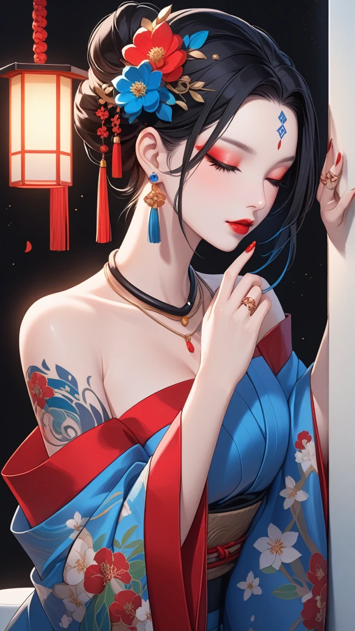 XUER poster art,1girl,solo,breasts,black hair,hair ornament,long sleeves,bare shoulders,jewelry,closed mouth,closed eyes,upper body,sidelocks,earrings,japanese clothes,hand up,hair flower,wide sleeves,kimono,necklace,off shoulder,nail polish,fingernails,toilet,profile,facial mark,ring,lipstick,black background,tassel,pale skin,eyeshadow,blue nails,long fingernails,beans,blue flower,shawl,forehead mark,nose,sharp fingernails,red lips,eyeliner,arm tattoo,shoulder tattoo,hair pulled back,mascara,udo,