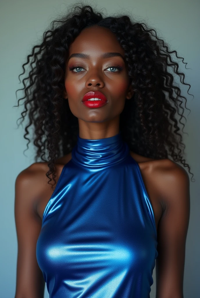 18 year old Haitian very black girl, very dark skin,
blue eyes, long curly hair wearing red lipstick, wearing a metallic blue dress