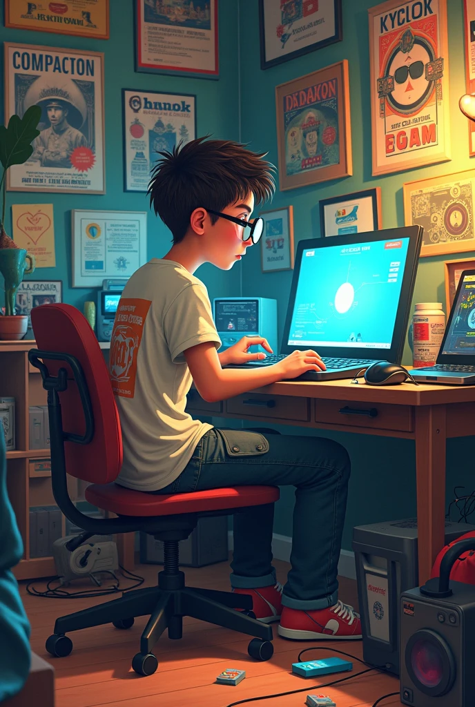 boy without bald head,sitting at desk talking on radio with pc monitors in front showing FT(