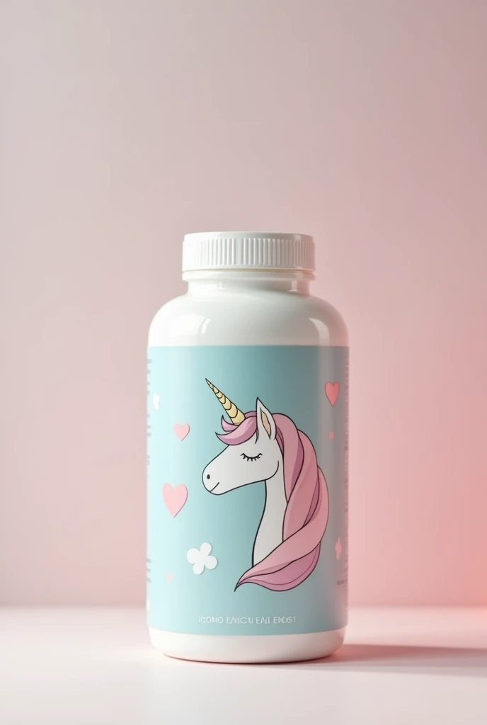 Large bottle of Po Chai Pills with pastel colored label, featuring a minimalist unicorn design. It has a cute and cool vibe, with a modern packaging. This is a new collection, photographed under studio lighting.