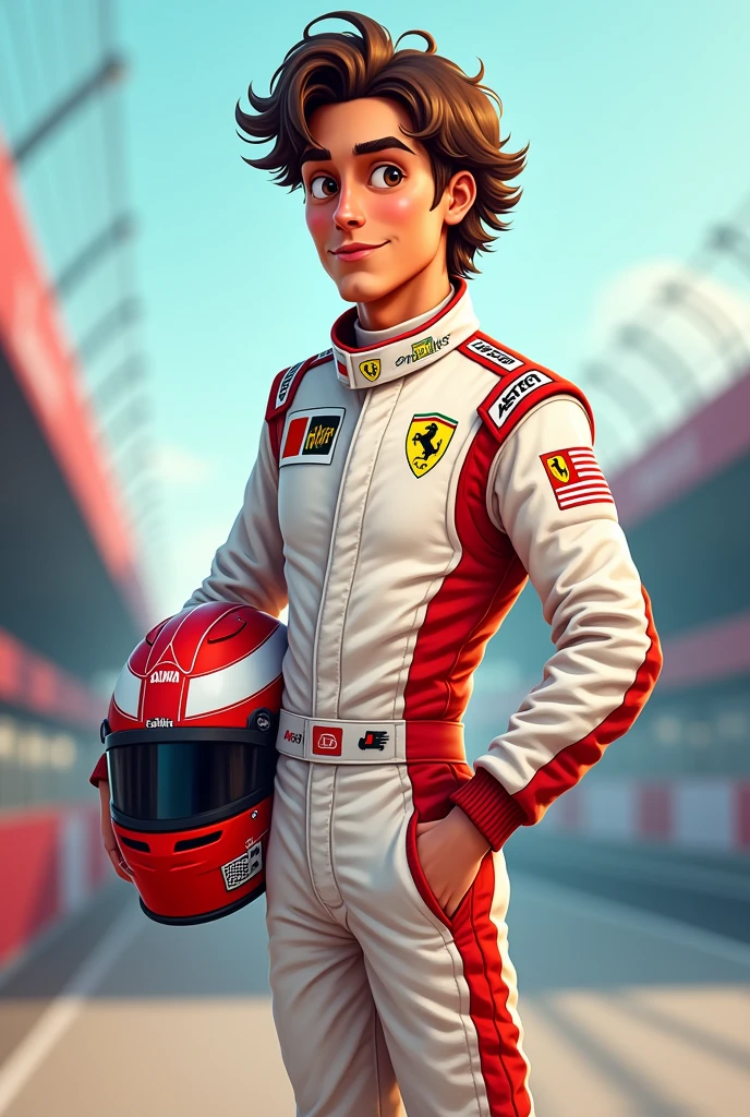 A formula one driver wearing his suit.of prancing lion]
Standing on side holding his helmet 
His hair should be wavy brown hair  with olive skin 
This picture should be cartoonish or illustrated 