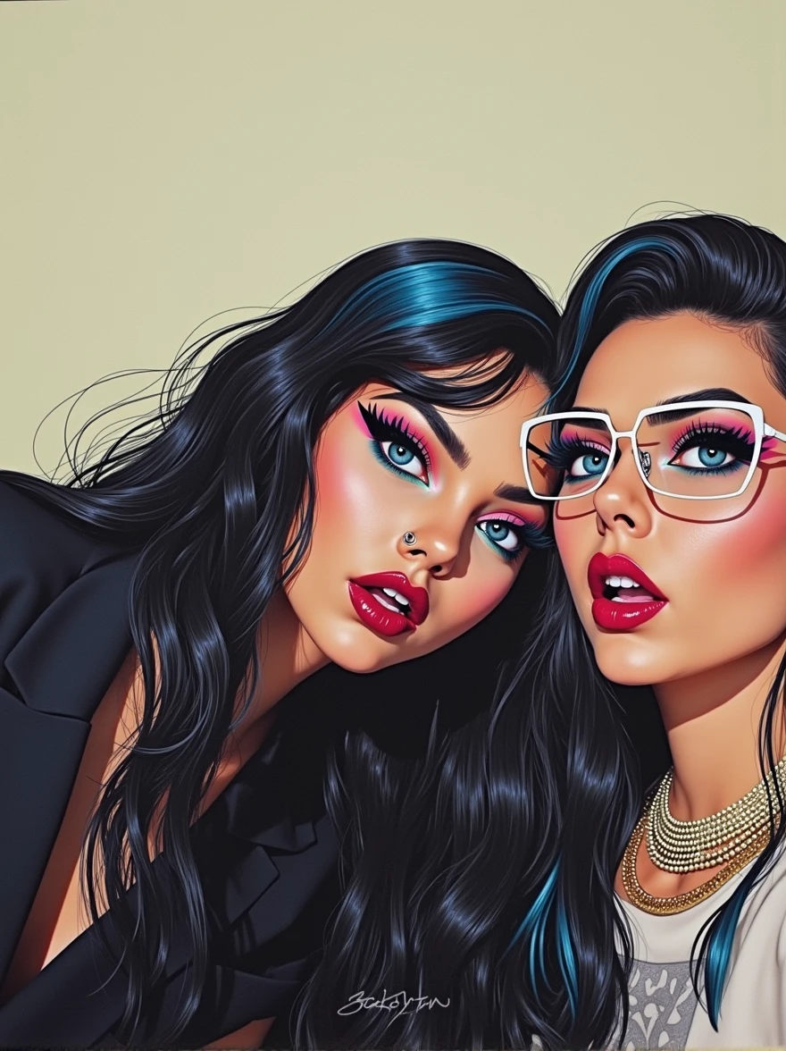 Woman with black hair and blue tips, big eyes with long eyeliner, nose and tongue piercing, clear skin, cuerpo grueso curvy y hombre de clear skin, straight and styled hair, small rectangular lenses