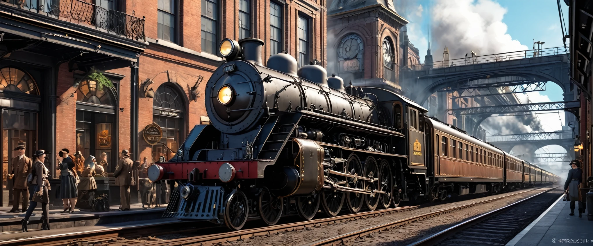 Fifties, trains，steampunc, The beautiful, City, concept-art, Draw one, Fantastical, 4K, hyper HD, high high quality, hot topics at artstation headquarters, 8k ultra high definition, Studio quality, ultra real photo, max detail, massive scale, Post-processing, current, photo-realism, Photoshop, photography, Ray traching, Rendered by Octane