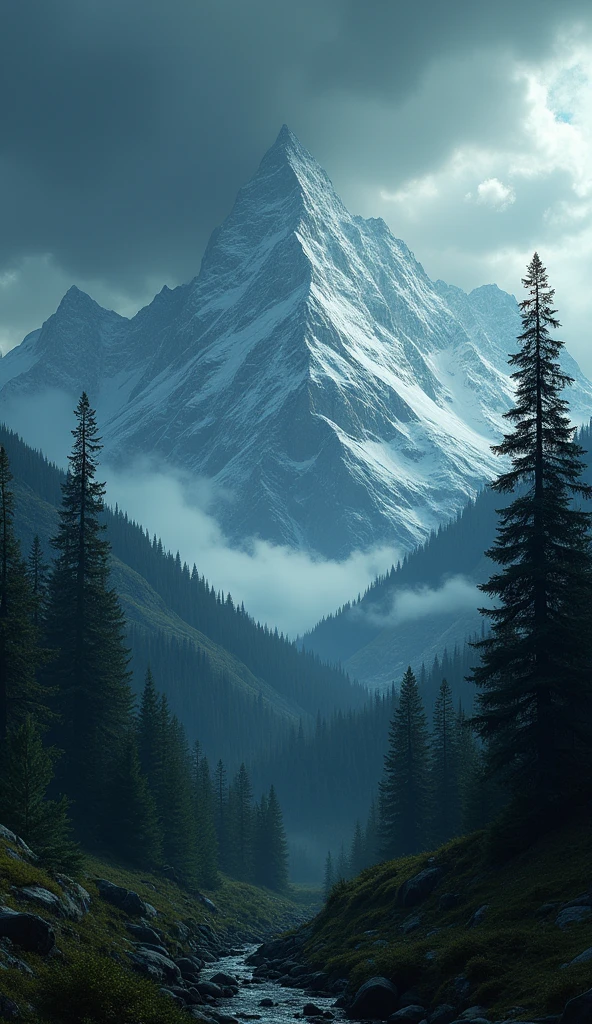 A rugged mountain landscape in Idaho at dusk, with towering peaks and dense forests. The scene is calm but foreboding, with dark clouds gathering overhead and a sense of ancient, untold stories hidden within the land.