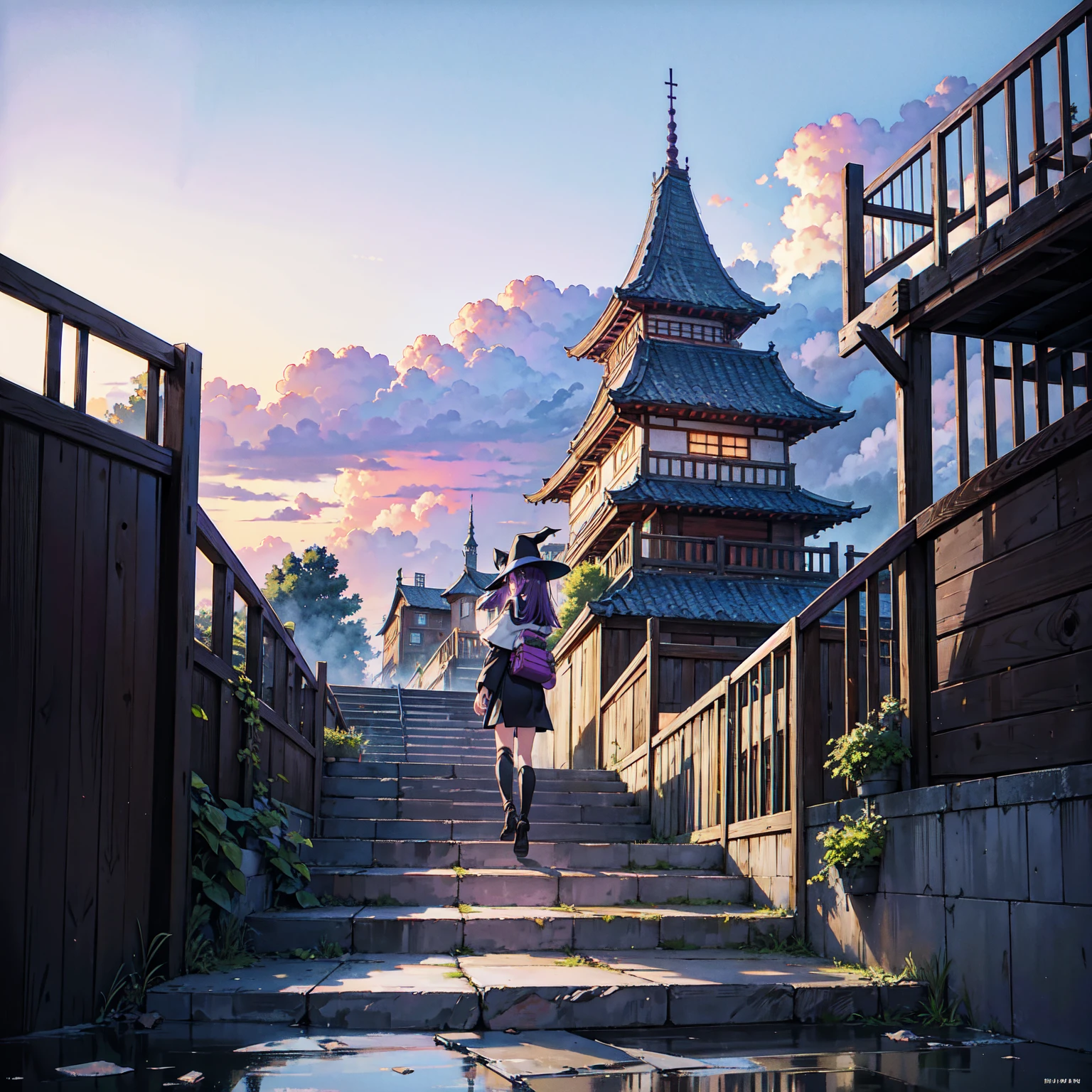 A girl with long violet-purple hair. A kind, full smile. Pointy elf ears. Her clothes are simple: a black robe with wide sleeves and a black miniskirt. Her knees are showing. There is a V-shaped white insert in the front, like a kimono. A witch's hat with purple ribbons on each side. Black boots. Background, bright painting, Makoto Shinkai, only endless stairs, long floating stairs, floating stairs in the air, stairs above clouds, illustration, nostalgic, vivid, above clouds, bright, fresh, sunset. A maze of connected stairs. A labyrinth of stairs. Not touching land. A simple iron staircase. Decaying old staircase. The type of staircase you would find in an apartment or condominium.