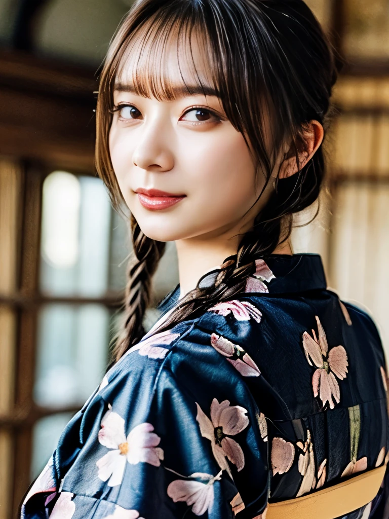 (masterpiece, Highest quality:1.4), Beautiful Face, 8k, 85mm, Floral Yukata:1.4), (Beautiful woman looking back)、((Braid))、Delicate, alone, night, View your viewers, Upper Body, Film Grain, chromatic aberration, Sharp focus, Face Light, Professional Lighting, Sophisticated, (smile:0.6), ( background:1.2), Detailed aspect