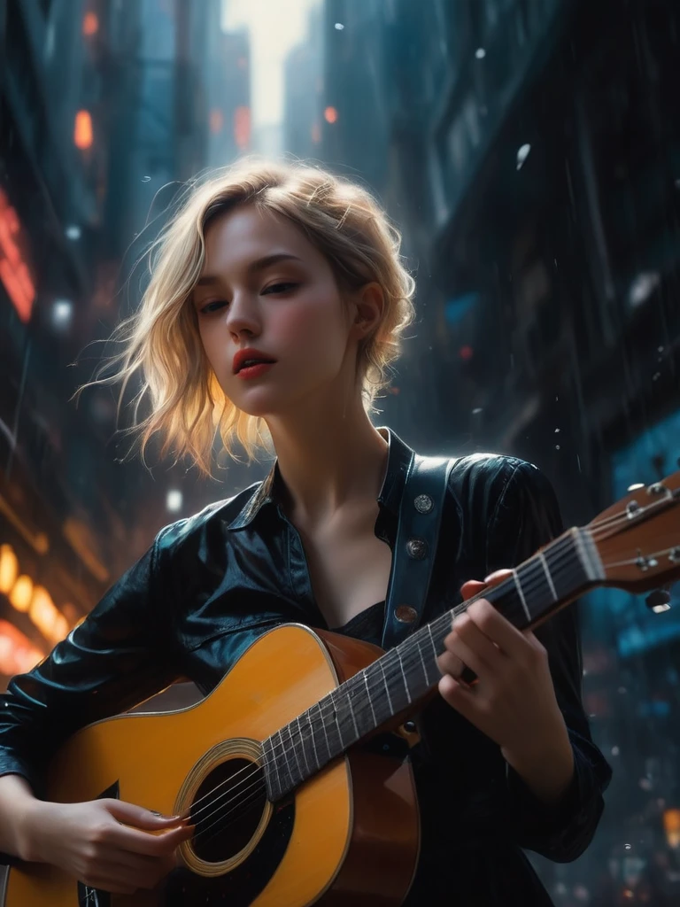 ((Masterpiece in maximum 16K resolution):1.6),((soft_color_photograpy:)1.5), ((Ultra-Detailed):1.4),((Movie-like still images and dynamic angles):1.3) | ((double contact):1.3), ((Beautiful Blonde Female Musician silhoutte effect):1.2), ((Superimposed on Pretty Female):1.1)《dark city sky》Agnes Cecile, Jeremy Mann, Oil and ink on canvas, fine dark art, super dramatic light, photoillustration, amazing depth, the ultra-detailed, iridescent black, superfluous dreams, intricately details, amazing depth, Amazing atmosphere, Mesmerizing whimsical vibrant landscapes, ((Female musician playing guitar):1.5), Maximalism ((beautiful outside, Ugly inside, pressure and pain, beauty and despair, hard and soft, positive and negative, hot and cold, Sweet and sour, Vibrant but boring, Perfect harmony, light and shadows, old and young, Black and white, Corresponding color, loud and quiet, Chaos and peace, life and death):1.2) The complex masterpiece of a real-time engineering leader. | Rendered in ultra-high definition with UHD and retina quality, this masterpiece ensures anatomical correctness and textured skin with super detail. With a focus on high quality and accuracy, this award-winning portrayal captures every nuance in stunning 16k resolution, immersing viewers in its lifelike depiction. | ((perfect_composition, perfect_design, perfect_layout, perfect_detail, ultra_detailed)), ((enhance_all, fix_everything)), More Detail, Enhance. | (((perfect_fingers))), (((perfect_legs))), (((perfect_hands))),((寝ながらギターを弾く:1.5))