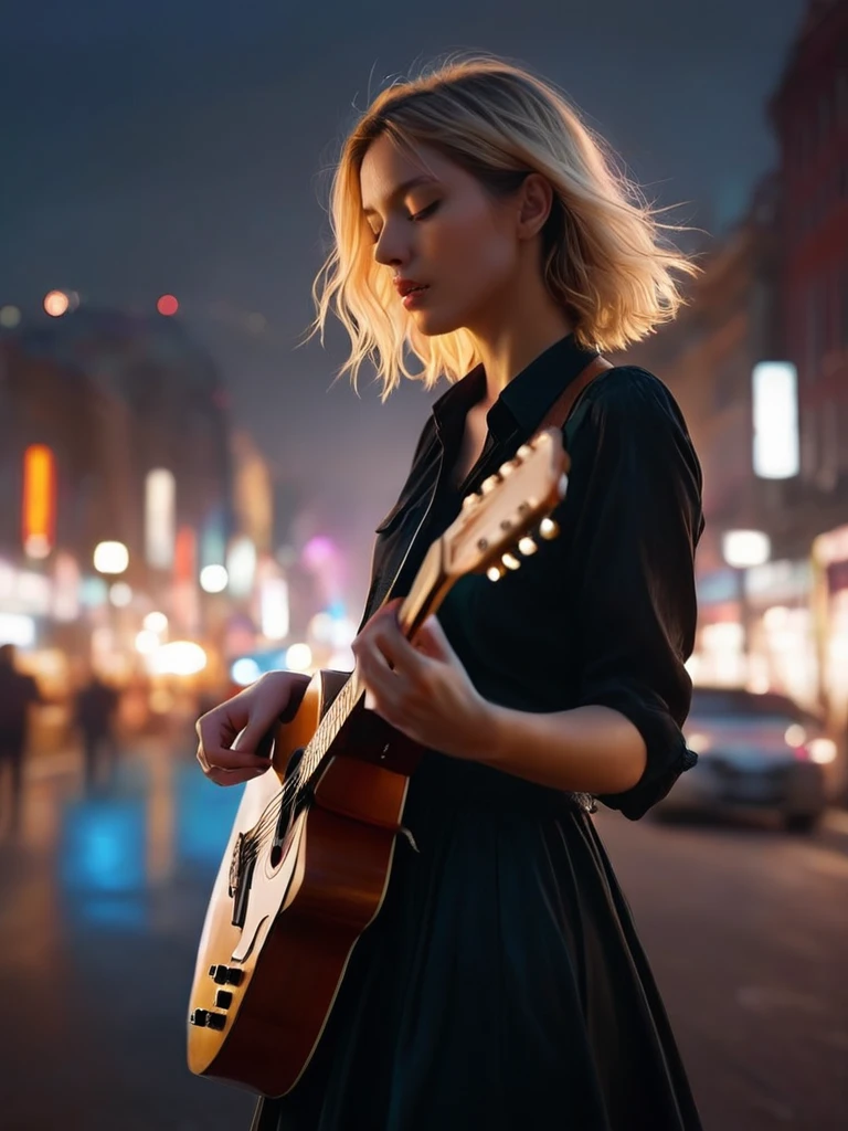 ((Masterpiece in maximum 16K resolution):1.6),((soft_color_photograpy:)1.5), ((Ultra-Detailed):1.4),((Movie-like still images and dynamic angles):1.3) | ((double contact):1.3), ((Beautiful Blonde Female Musician silhoutte effect):1.2), ((Superimposed on Pretty Female):1.1)《dark city sky》Agnes Cecile, Jeremy Mann, Oil and ink on canvas, fine dark art, super dramatic light, photoillustration, amazing depth, the ultra-detailed, iridescent black, superfluous dreams, intricately details, amazing depth, Amazing atmosphere, Mesmerizing whimsical vibrant landscapes, ((Female musician playing guitar):1.5), Maximalism ((beautiful outside, Ugly inside, pressure and pain, beauty and despair, hard and soft, positive and negative, hot and cold, Sweet and sour, Vibrant but boring, Perfect harmony, light and shadows, old and young, Black and white, Corresponding color, loud and quiet, Chaos and peace, life and death):1.2) The complex masterpiece of a real-time engineering leader. | Rendered in ultra-high definition with UHD and retina quality, this masterpiece ensures anatomical correctness and textured skin with super detail. With a focus on high quality and accuracy, this award-winning portrayal captures every nuance in stunning 16k resolution, immersing viewers in its lifelike depiction. | ((perfect_composition, perfect_design, perfect_layout, perfect_detail, ultra_detailed)), ((enhance_all, fix_everything)), More Detail, Enhance. | (((perfect_fingers))), (((perfect_legs))), (((perfect_hands))),((寝ながらギターを弾く:1.5))
