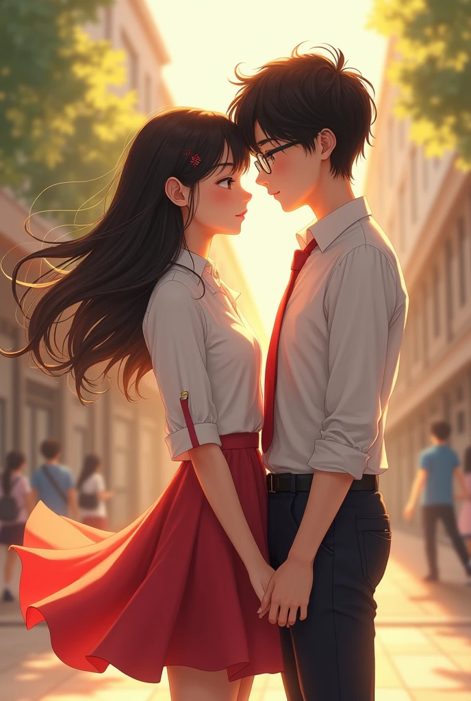A young couple stands close together in a sunlit school setting. The girl has long, dark hair and wears a white blouse with rolled-up sleeves and a flowing red skirt, while the boy, with tousled hair and glasses, is dressed in a similar white shirt with a red tie and dark pants. They both look at the viewer with subtle expressions. The background features a blurred school environment, enhancing the youthful atmosphere.