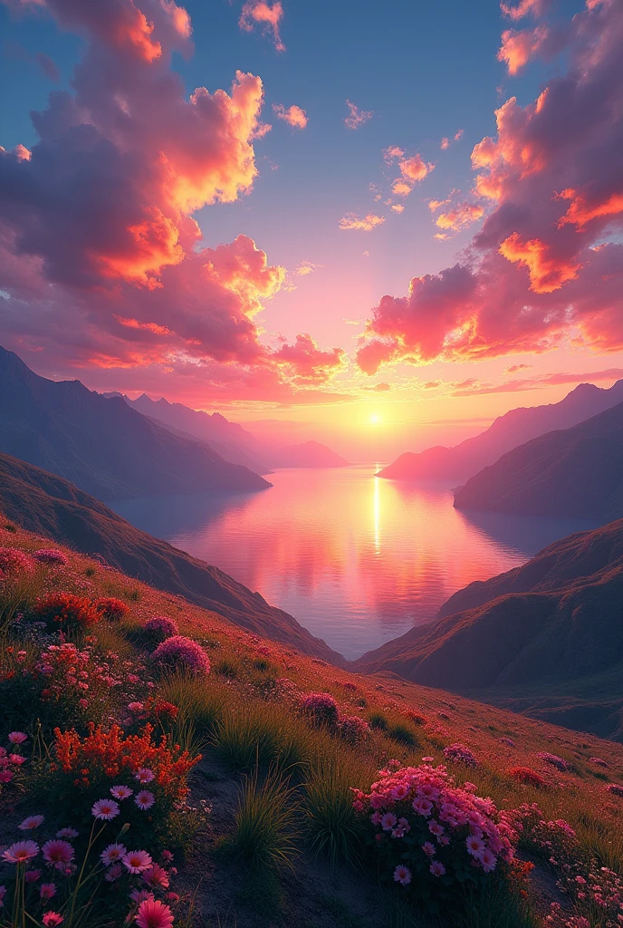 Beautiful sunset, The hillside is covered with flowers and grass, Flowers are close at hand, Colorful sky, Surreal colors, Colorful sunset, Colorful sky, Marvelous sky reflection, Stunning sky, dream like atmosphere 8k, Colorful clouds, Colors reflected on the lake, Surreal sky, Red and blue reflections, The reflection of fire, Beautiful sky, Beautiful and spectacular sunset, Beautiful dreamy scenery, Stunning sky