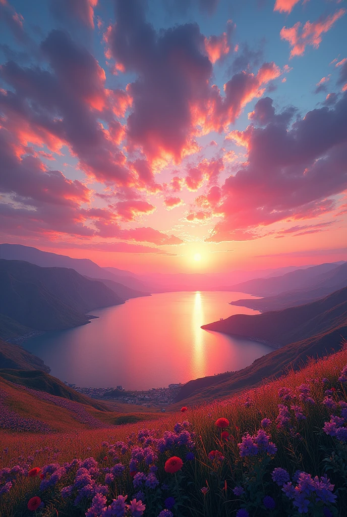 Beautiful sunset, The hillside is covered with flowers and grass, Flowers are close at hand, Colorful sky, Surreal colors, Colorful sunset, Colorful sky, Marvelous sky reflection, Stunning sky, dream like atmosphere 8k, Colorful clouds, Colors reflected on the lake, Surreal sky, Red and blue reflections, The reflection of fire, Beautiful sky, Beautiful and spectacular sunset, Beautiful dreamy scenery, Stunning sky