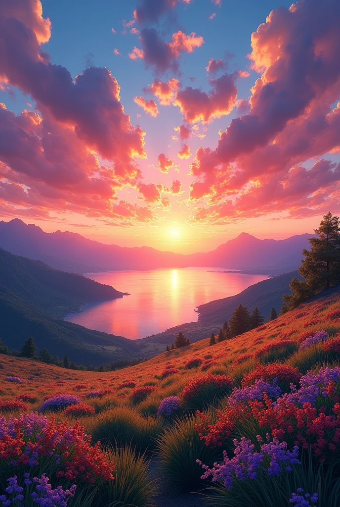 Beautiful sunset, The hillside is covered with flowers and grass, Flowers are close at hand, Colorful sky, Surreal colors, Colorful sunset, Colorful sky, Marvelous sky reflection, Stunning sky, dream like atmosphere 8k, Colorful clouds, Colors reflected on the lake, Surreal sky, Red and blue reflections, The reflection of fire, Beautiful sky, Beautiful and spectacular sunset, Beautiful dreamy scenery, Stunning sky