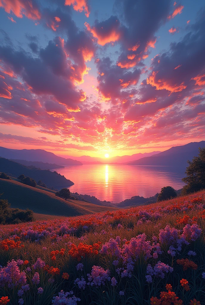 Beautiful sunset, The hillside is covered with flowers and grass, Flowers are close at hand, Colorful sky, Surreal colors, Colorful sunset, Colorful sky, Marvelous sky reflection, Stunning sky, dream like atmosphere 8k, Colorful clouds, Colors reflected on the lake, Surreal sky, Red and blue reflections, The reflection of fire, Beautiful sky, Beautiful and spectacular sunset, Beautiful dreamy scenery, Stunning sky