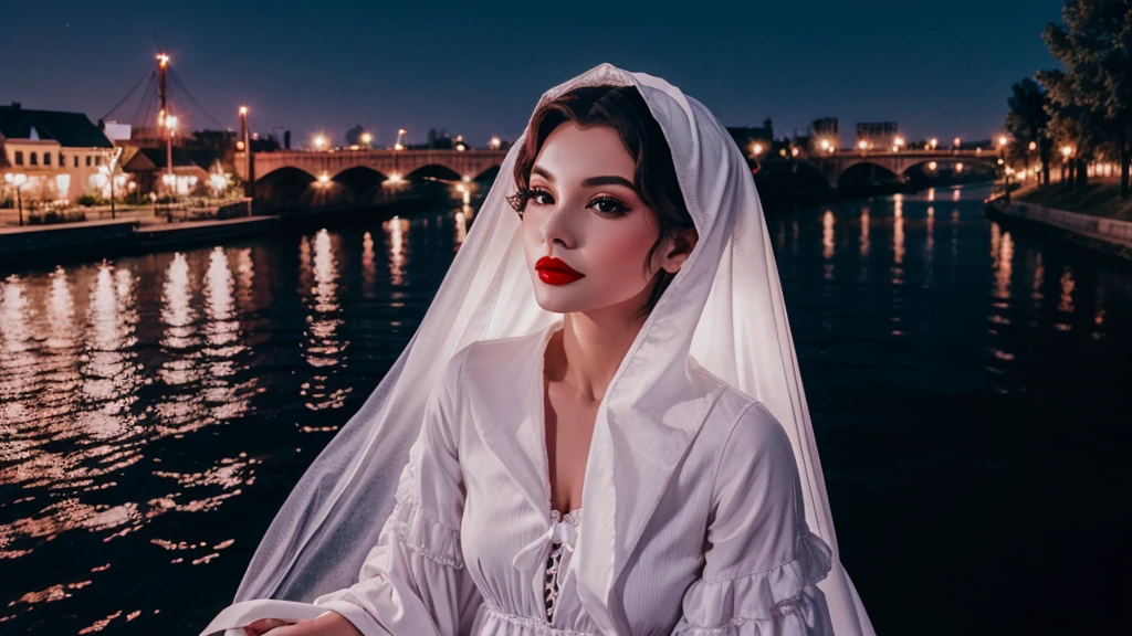 Most beautiful ghost lady red lips river night with white clothes