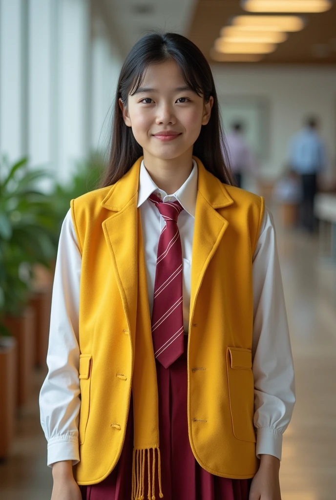 An education uniform with color white, maroon, and yellow. 