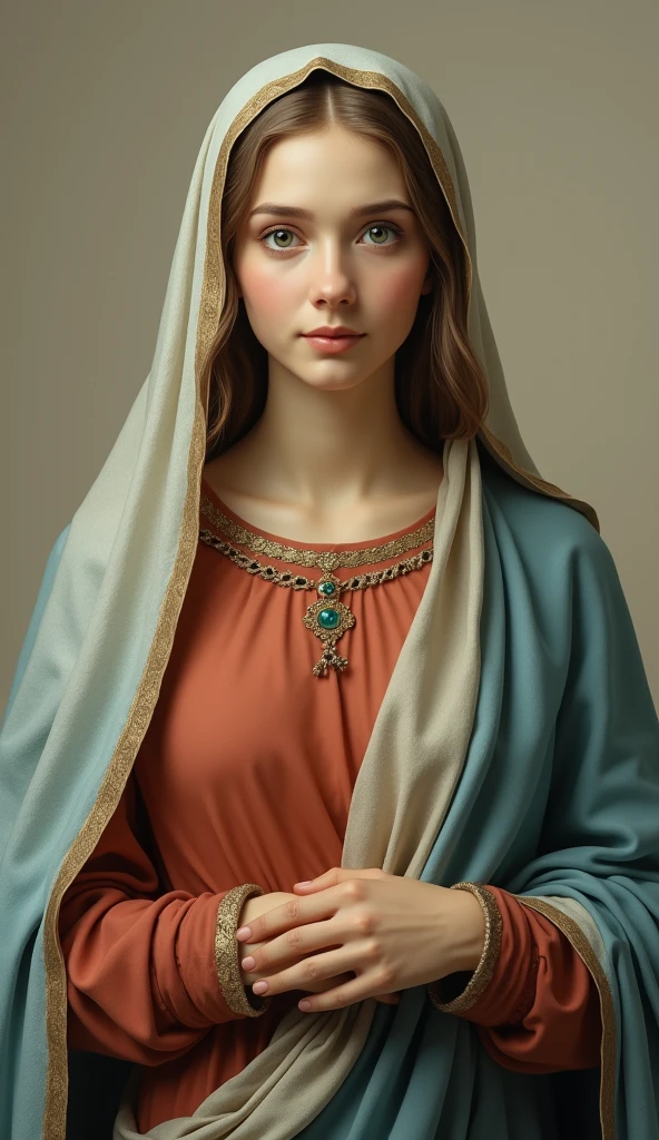 A frontal image of the beautiful 20-year-old Virgin Mary、whole body。Reddish beige tunic with light blue cloak and veil