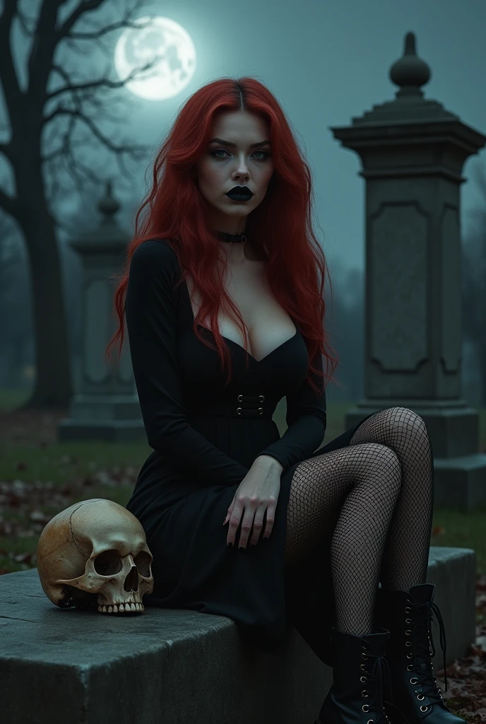 ultra realistic, photography, long red hair, girl, 24 years old, hourglass figure, perfect body, Flirty look, natural medium breasts, wearing a hot goth dress, black lips, on a cemetary, sitting next to a grave, at night, moon in the background, she wears fishnet tights and black army boots, a skull lies next to her feet