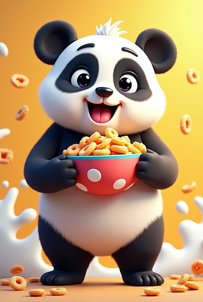 An animated mascot panda holding a cereal bowl