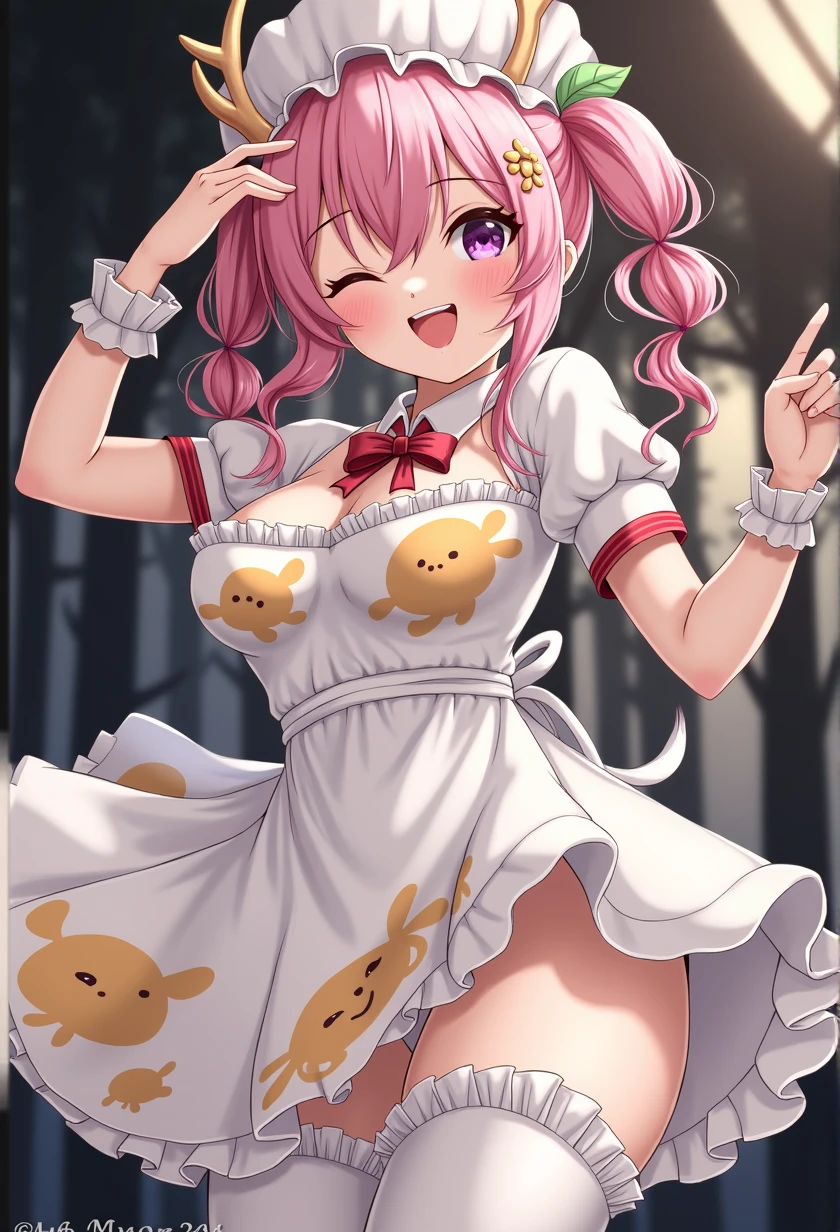 pink hair, short twintails, hair bobbles, star hair ornament, asymmetrical bangs, , purple eyes,  (wearing nothing:1.5), large breasts, ,Slicing meat, , 1girl,  , large breasts, solo, nsfw, nipple, church, , bedroom, blue sky,