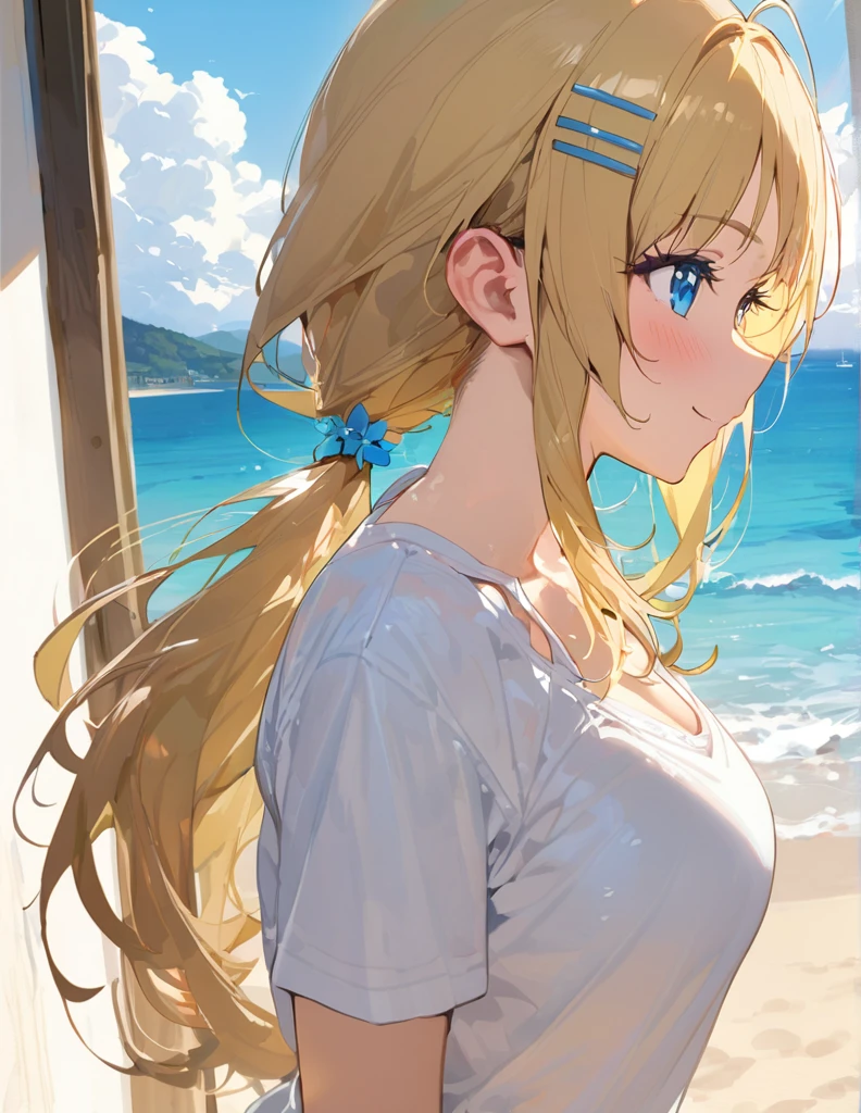 (masterpiece),(Highest quality),(Very detailed),(Best illustrations),(Best Shadow),(Absurd),(Detailed Background),(so beautiful),  
Hachimiya Meguru, 
one person&#39;s, alone,
blonde, hair ornaments, Twin tails, Flower hair clip, Long Hair, 
smile, blush, Blue Eyes, Beautiful eyes down to the last detail, Beautiful profile,
chest,
Yellow swimsuit, White T-shirt,
Ocean, Ocean辺, Sandy Beach,
noon, sunlight, cloud, Background Blur, 