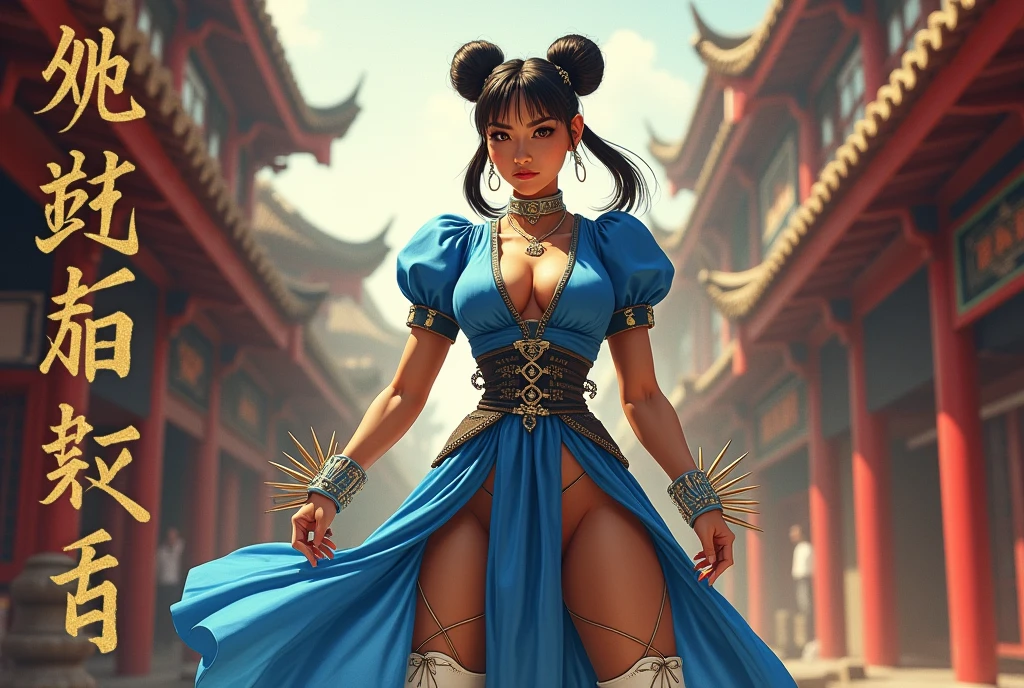 A movie poster depicting a female fighter (Chun-Li) wearing blue dress, (pelvic curtain, brown pantyhose, china dress), white cross-laced boots, bracelet, gold trim, jewelry, puffy sleeves, sash, short sleeves, side slit, spiked bracelet, spikes, double bun, hair accessories, cleavage, voluptuous curvy body, backround, in a folkloric chinese street, style by Urushihara Satoshi, view from below, with the words "Street Fighter" written in large letters on the left side,