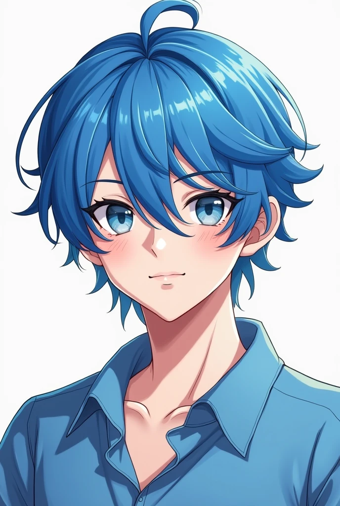 dessin d'un homme aux cheveux bleus et à la chemise bleue, croquis en couleur, style anime 2D, dessin en couleur, Caleb du rôle critique, dessin au trait coloré, high quality croquis en couleur, full dessin en couleur, sans ombrage, dessin en couleur, héros 2d fanart artsation, style d'ombrage cel, délicat prince androgyne, art 2D, art 2D