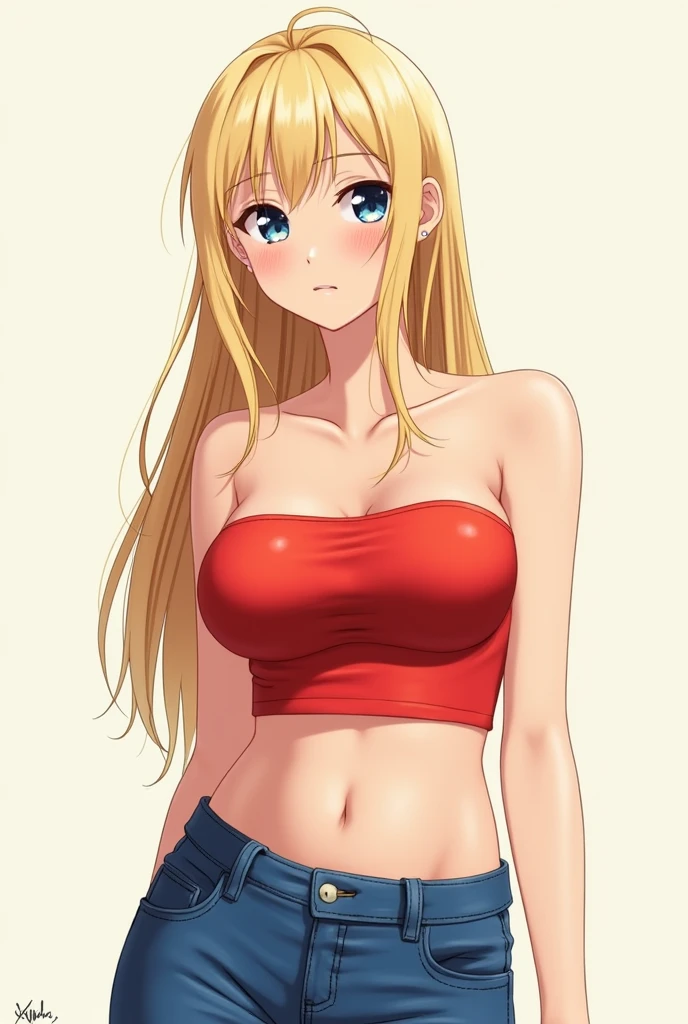 anime girl wearing a red tube top and jeans, long blonde hair, busty, neutral face, plain background.