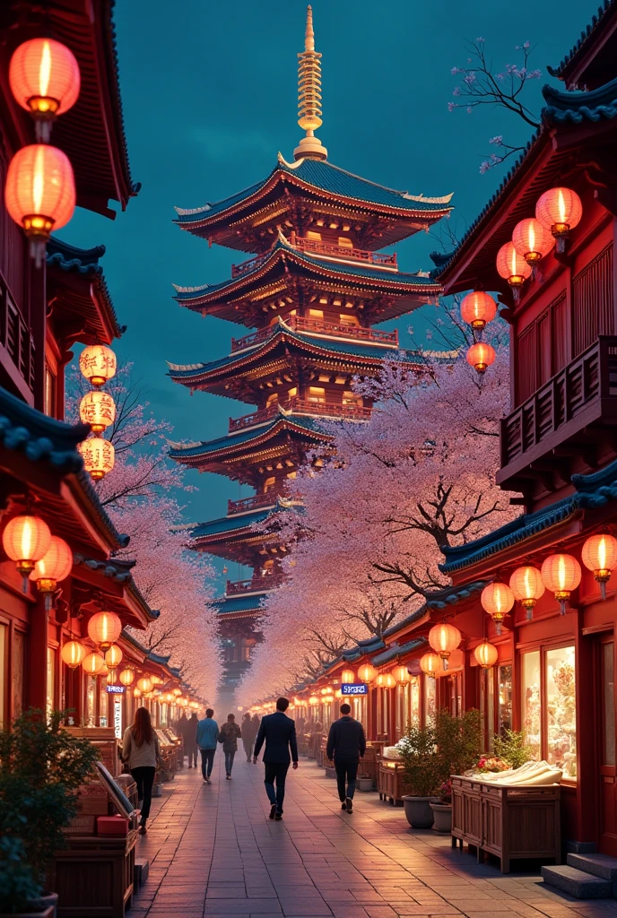 pagoda asian chinese japanese style epic in scale inside the streets surrounded by busy shops , camera first person wide in scale inside the city with cherry blossom, night festive, street cross walk