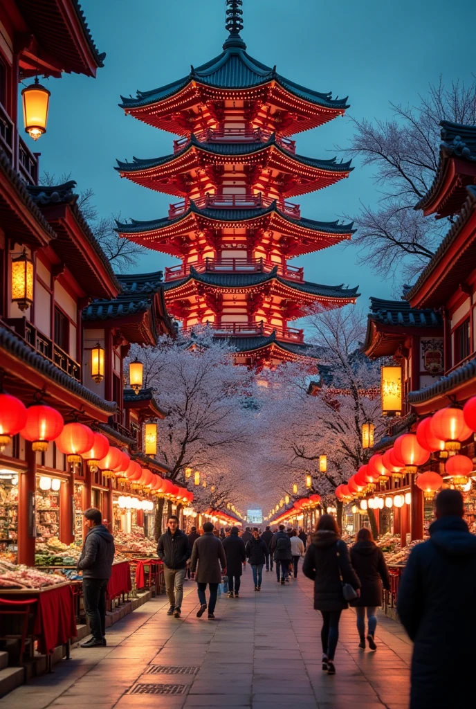 pagoda asian chinese japanese style epic in scale inside the streets surrounded by busy shops , camera first person wide in scale inside the city with cherry blossom, night festive, street cross walk