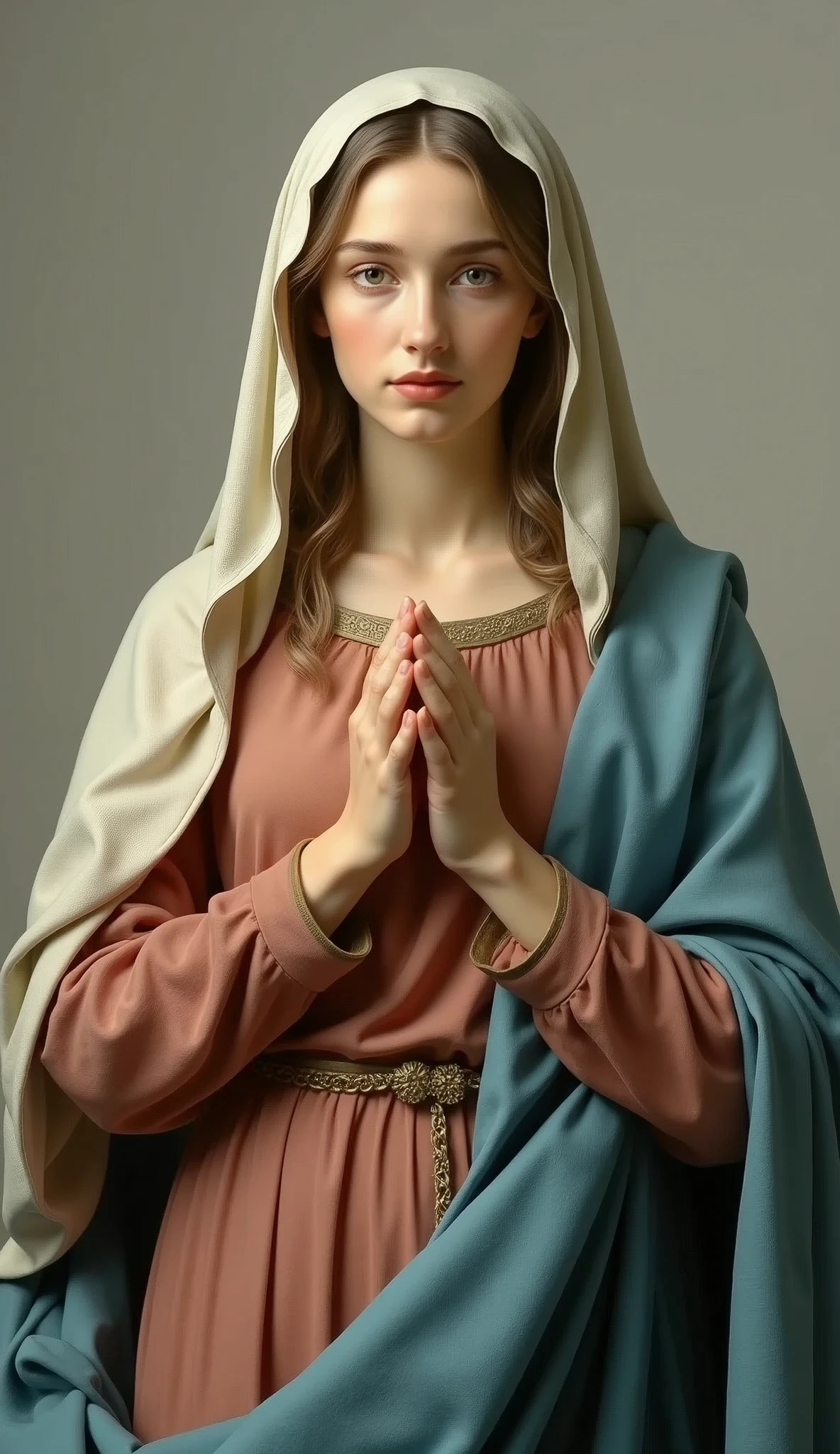 A frontal image of the beautiful 20-year-old Virgin Mary、whole body。Reddish beige tunic with light blue cloak and veil