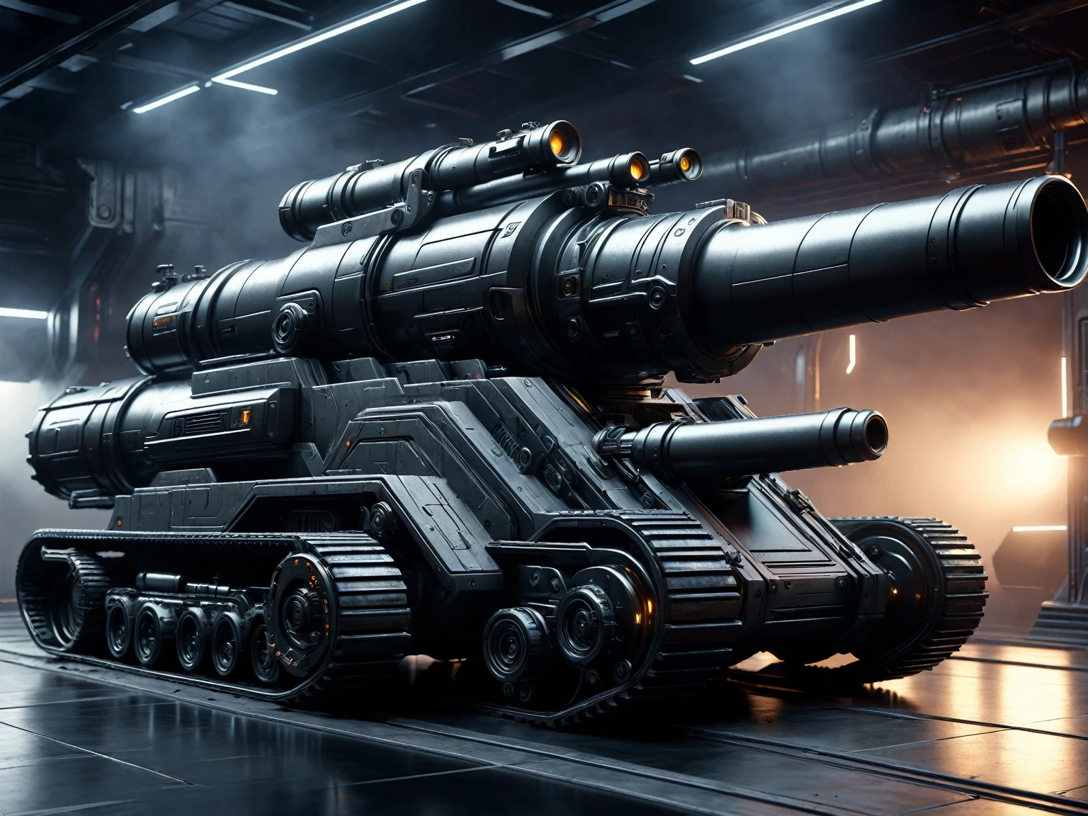 (style of Mazzinger Z),sci-fi,hyper realistic octane render,(background light:1),(moody lighting:0.4),a extremely long cannon on top of a platform,