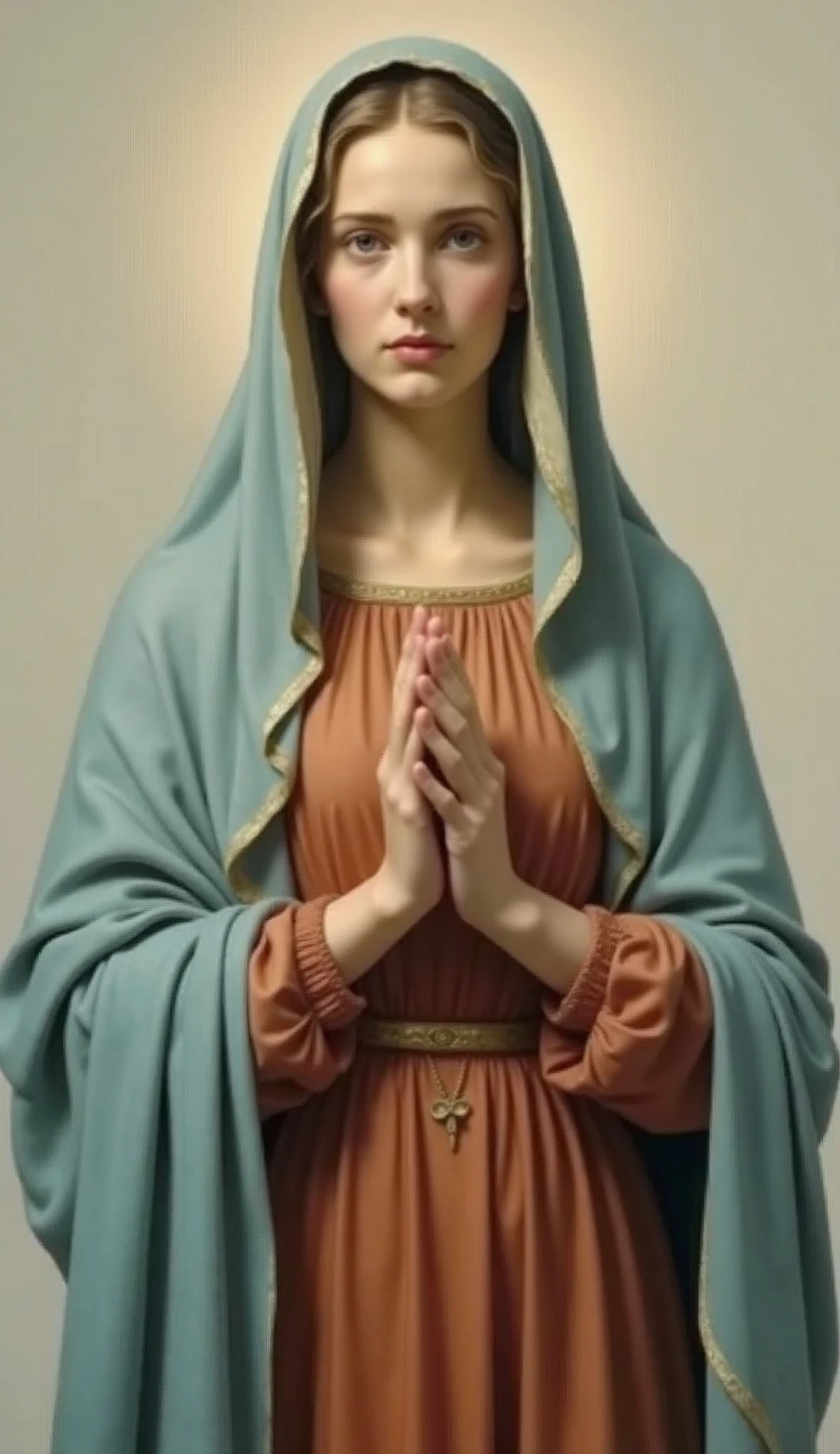 A frontal image of the beautiful 20-year-old Virgin Mary、whole body。Reddish beige tunic with light blue cloak and veil