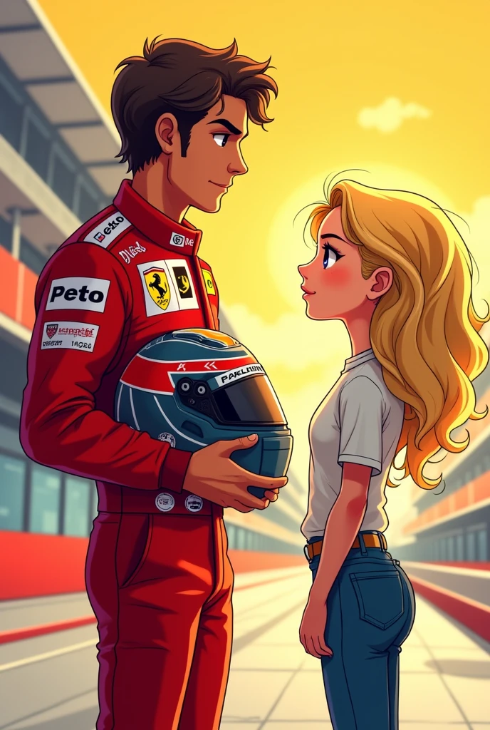 A formula one driver wearing his suit.of prancing lion]
Standing on side holding his helmet 
His hair should be wavy brown hair  with olive skin 
This picture should be cartoonish or illustrated  
A girl standing on side they should be standings opposite to eacy other. She is blond 
It should be faceless more like 2d drawing and background is some colors 
