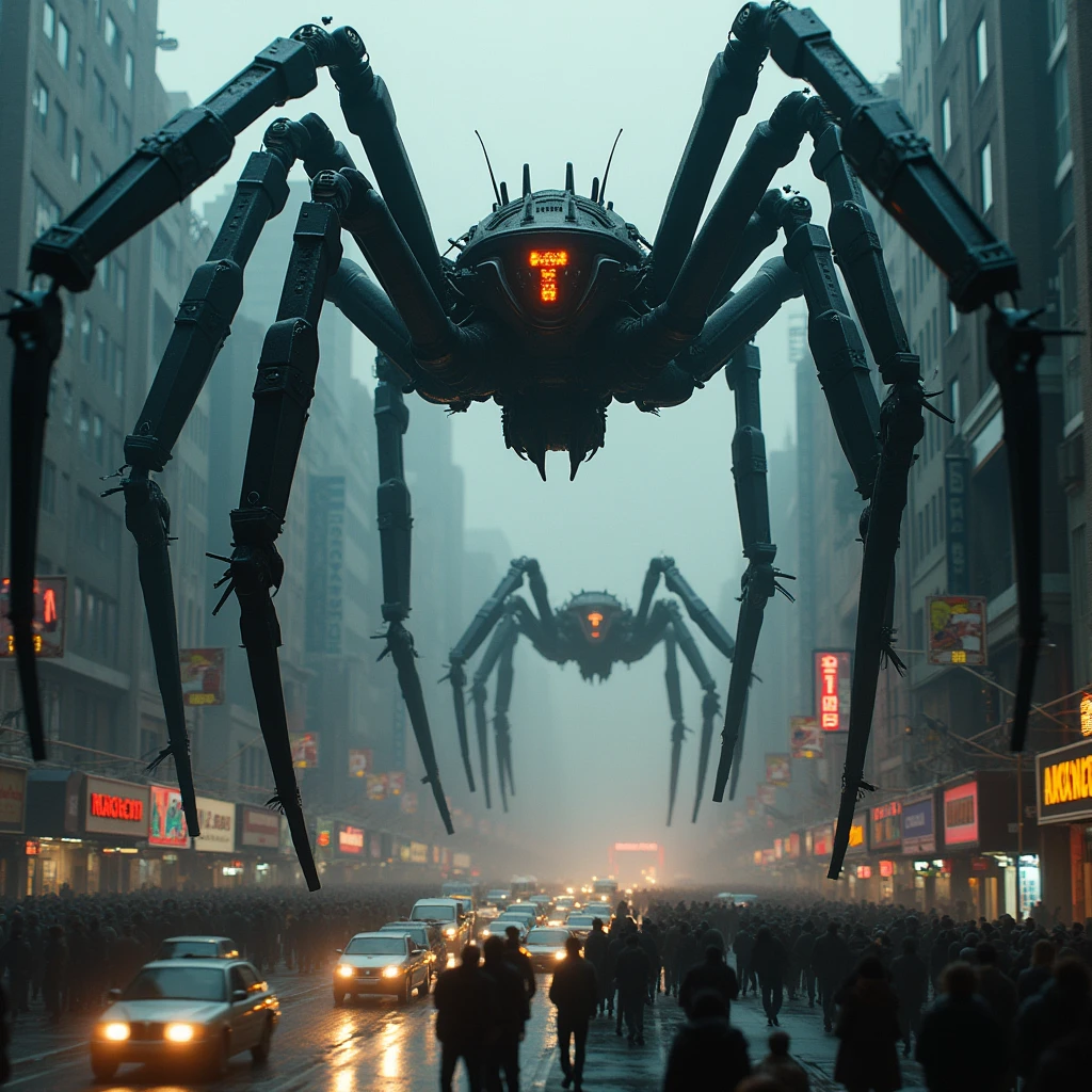Super huge spider-shaped weapons, all over town, crowds, traffic jams, panic, bird's-eye view, from above