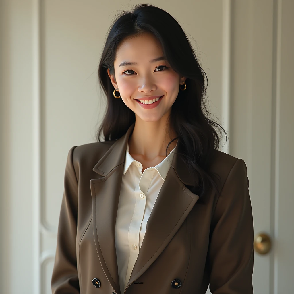 "Create an image of an 18-year-old Asian woman, displaying a sense of authority, with a cute face smiling. The image is full-body, slightly revealing, and youthful."