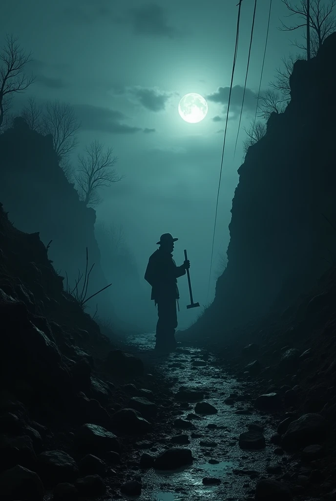 A night scene at an abandoned mining site, with the faint sound of a pickaxe echoing through the still air. The ghostly miner is visible in the distance, his form barely illuminated by the moonlight, tirelessly working his long-forgotten claim.