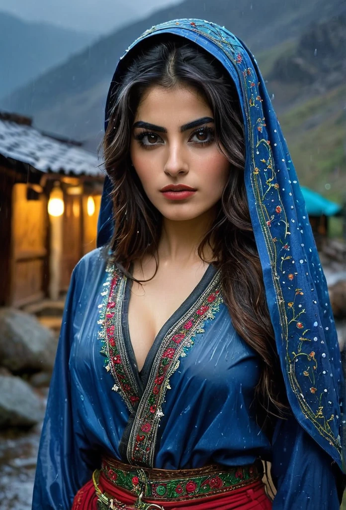 In the middle of a rainy night among the mountains there is a beautiful 23-year-old Persian woman wearing a typical costume of her culture., she has a perfect body, a perfect face, carry a weapon ready for any attack,