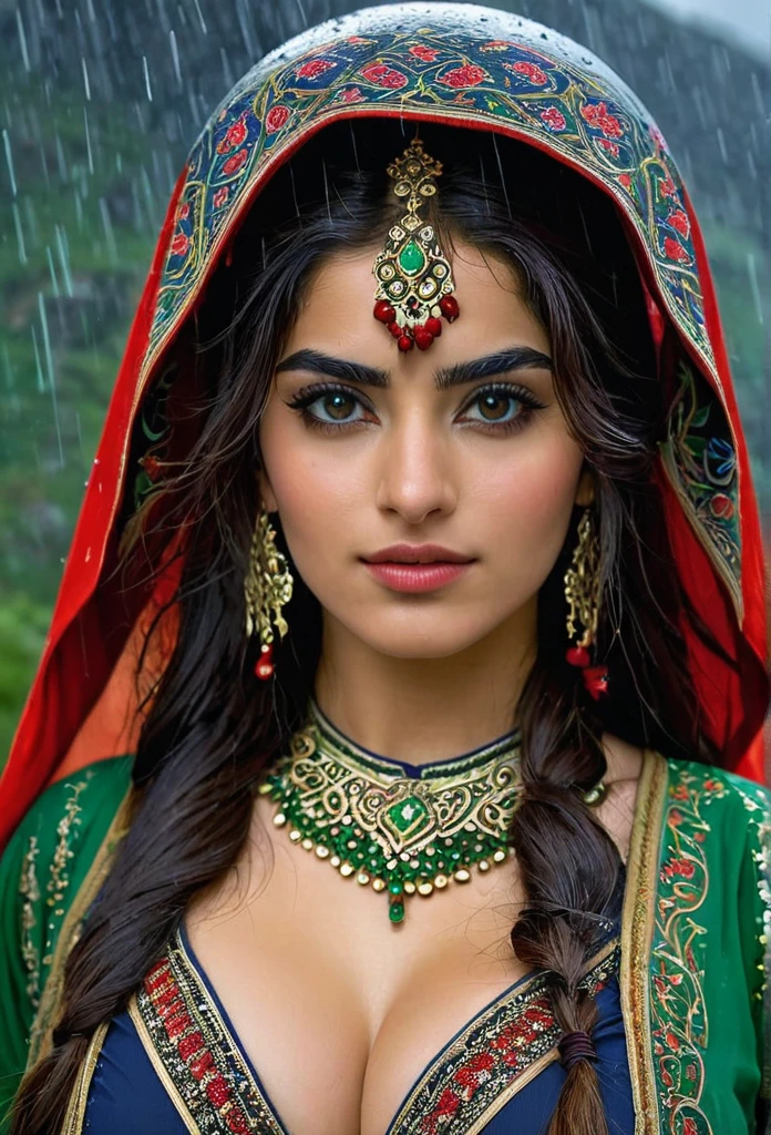 In the middle of a rainy night among the mountains there is a beautiful 23-year-old Persian woman wearing a typical costume of her culture., she has a perfect body, a perfect face, carry a weapon ready for any attack,