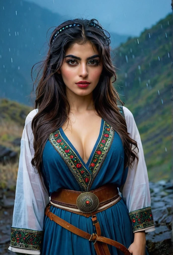 In the middle of a rainy night among the mountains there is a beautiful 23-year-old Persian woman wearing a typical costume of her culture., she has a perfect body, a perfect face, carry a weapon ready for any attack,